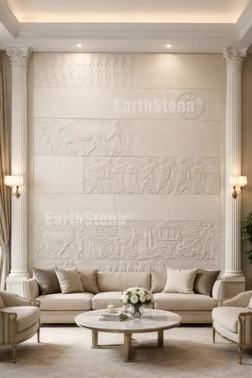 Traditional village life sandstone wall carving mural for luxury villa living room by EarthStona